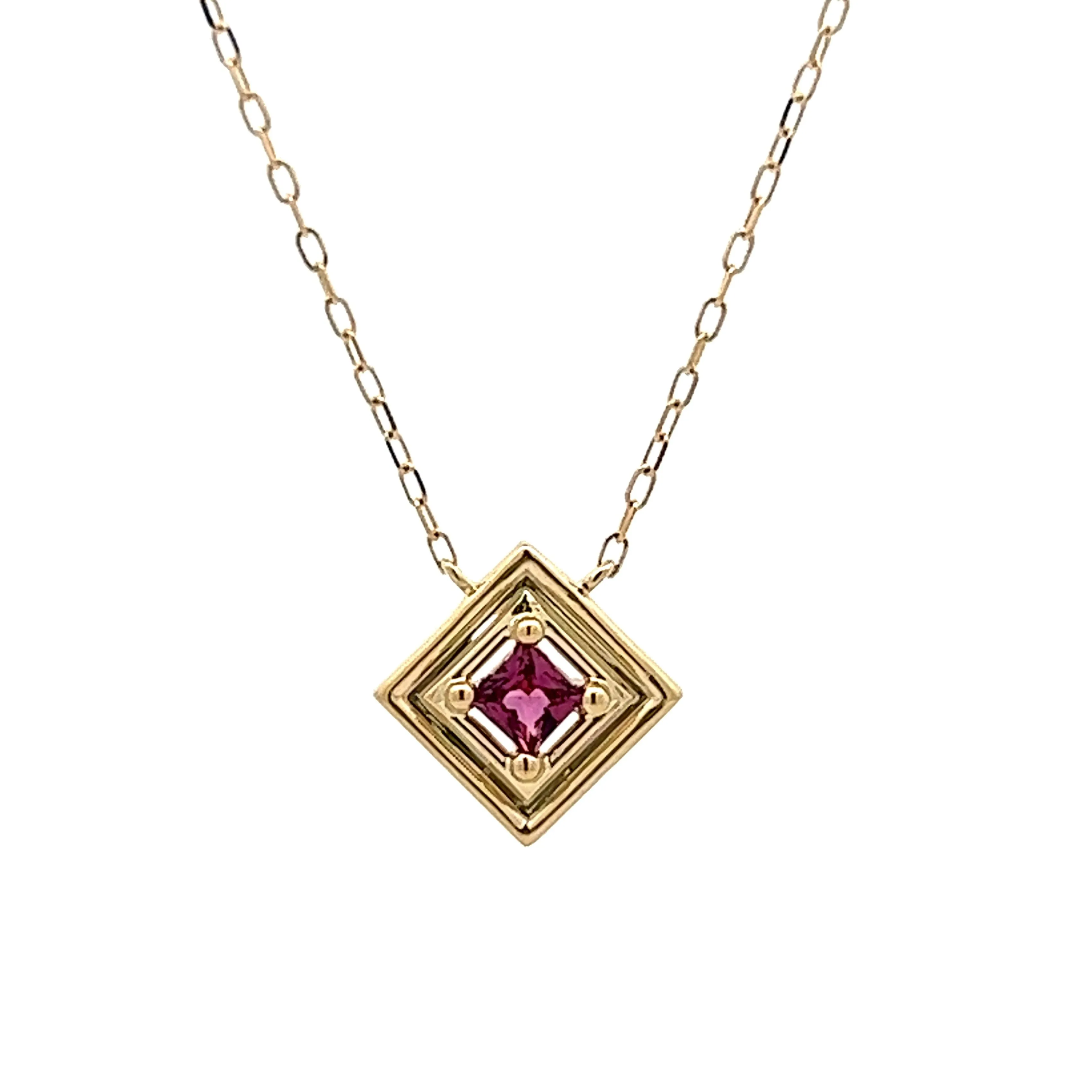 Pink Tourmaline Square Pendant Necklace in Yellow Gold