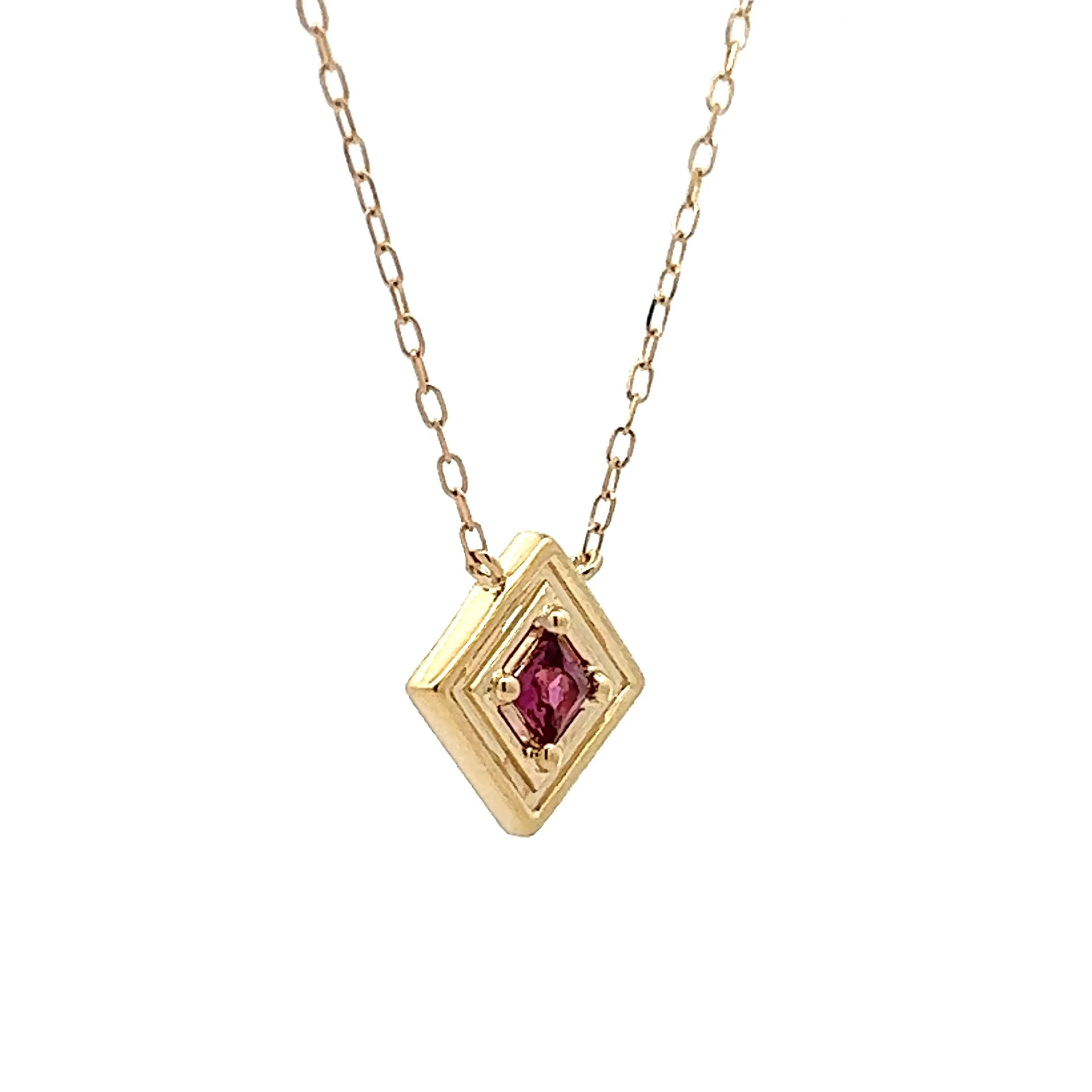 Pink Tourmaline Square Pendant Necklace in Yellow Gold