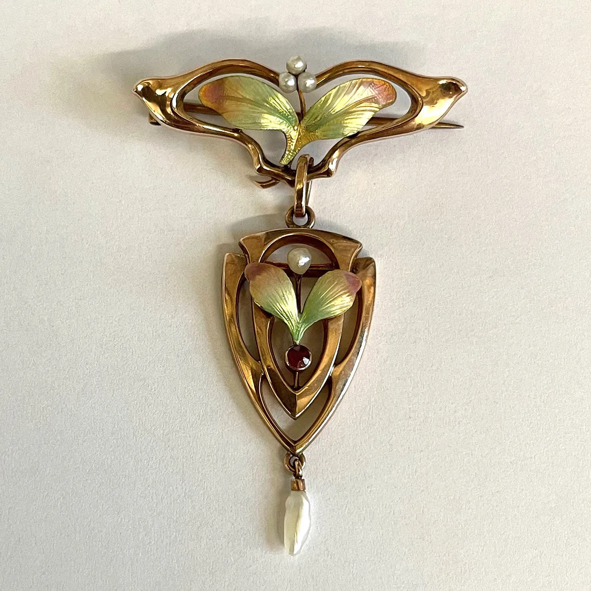 Rare White Natural Pearl & Ruby Art Nouveau Enamel Brooch