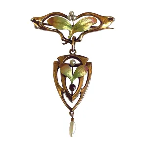 Rare White Natural Pearl & Ruby Art Nouveau Enamel Brooch