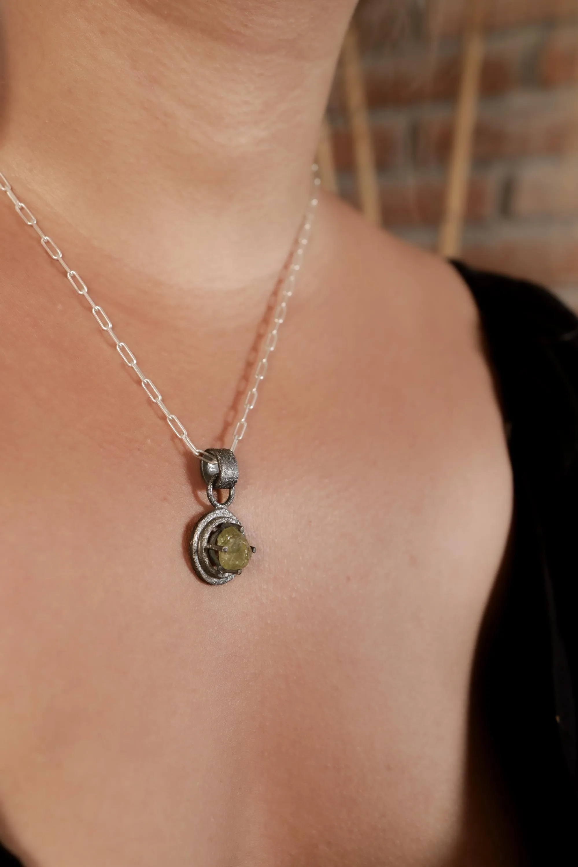 Raw AAA Grade Peridot - Oxidised Sterling Silver - Strong Framed Claw Wire Setting  - Sand Textured - Pendant Crystal Necklace