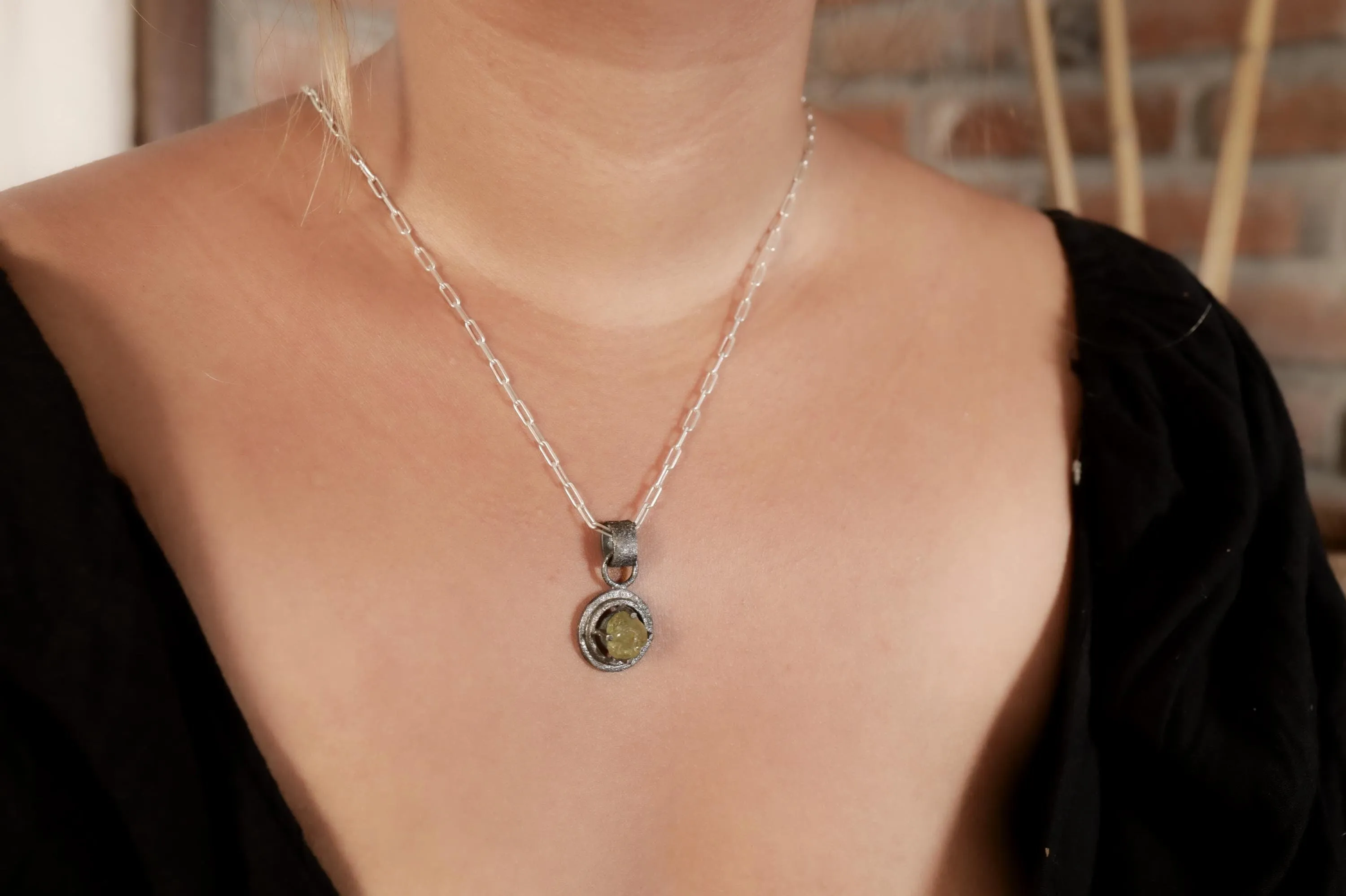 Raw AAA Grade Peridot - Oxidised Sterling Silver - Strong Framed Claw Wire Setting  - Sand Textured - Pendant Crystal Necklace