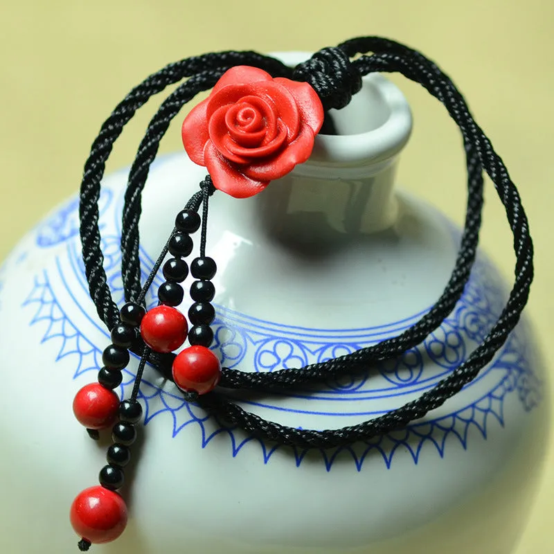 Red Lacquered Rose Sweater Chain Long Necklace