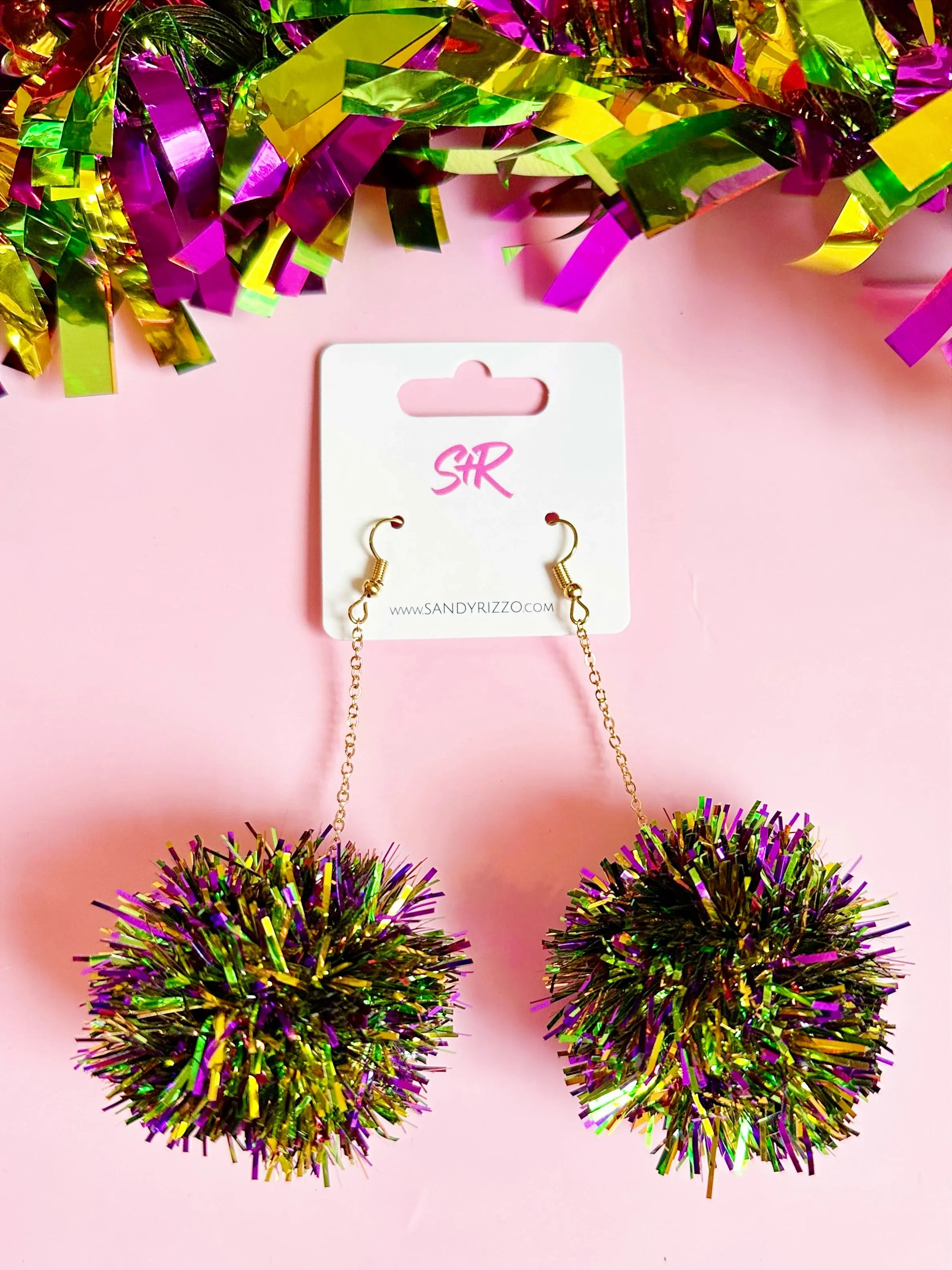 Sandy   Rizzo Mardi Gras Pom Dangle Earrings