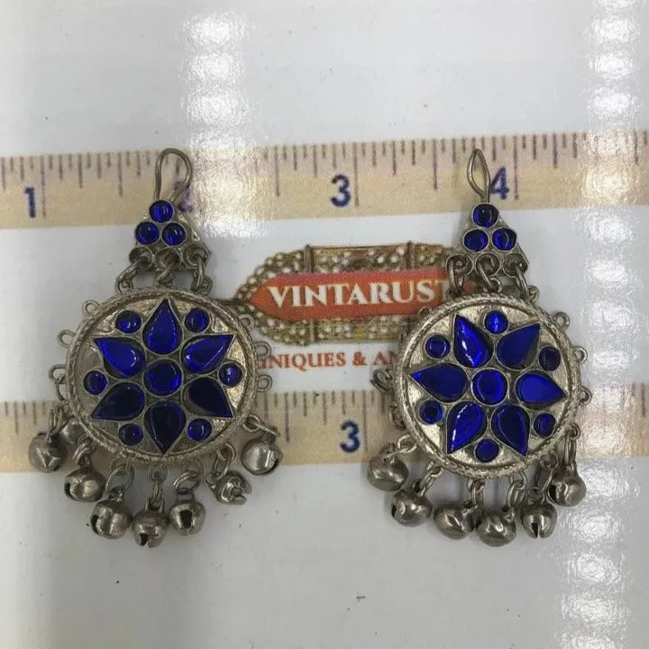 Silver Jhumka Style Earrings With Blue Glass Stones