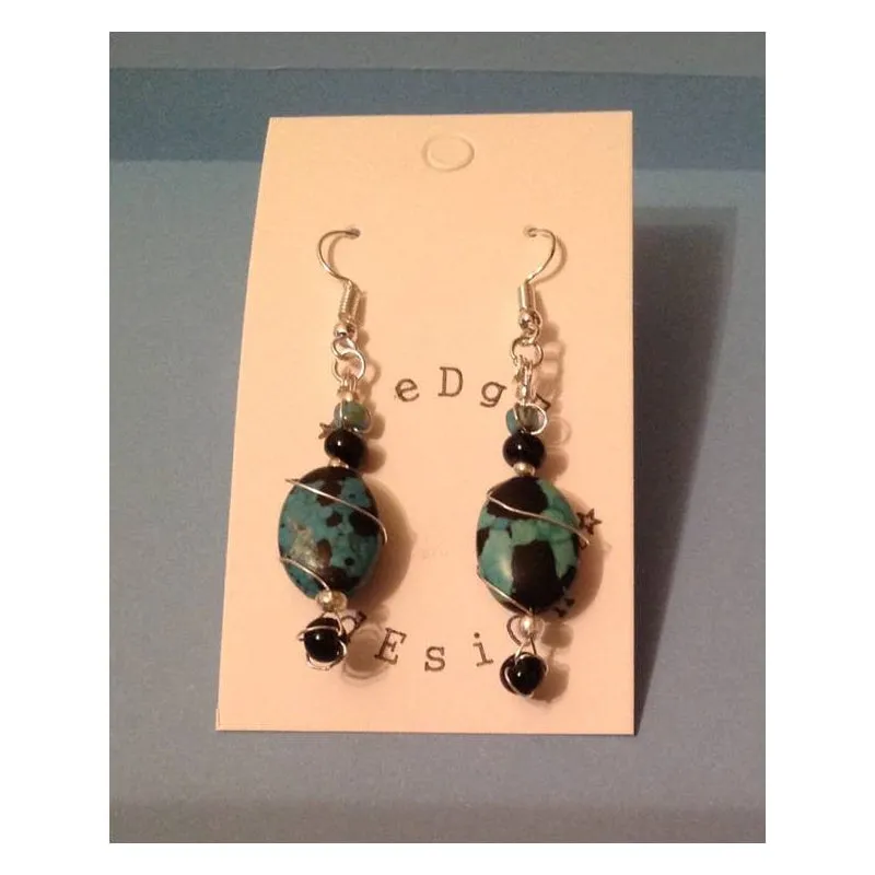 Silver plated drop earrings - Wire wrap turquoise and black beads