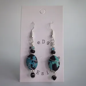 Silver plated drop earrings - Wire wrap turquoise and black beads
