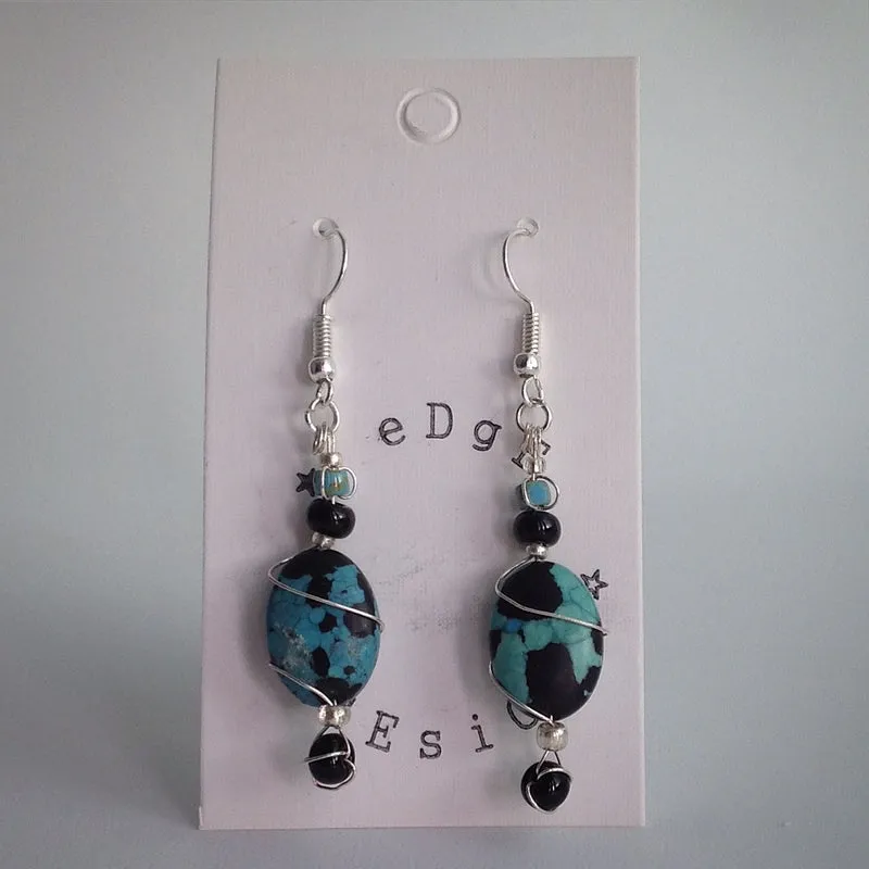 Silver plated drop earrings - Wire wrap turquoise and black beads
