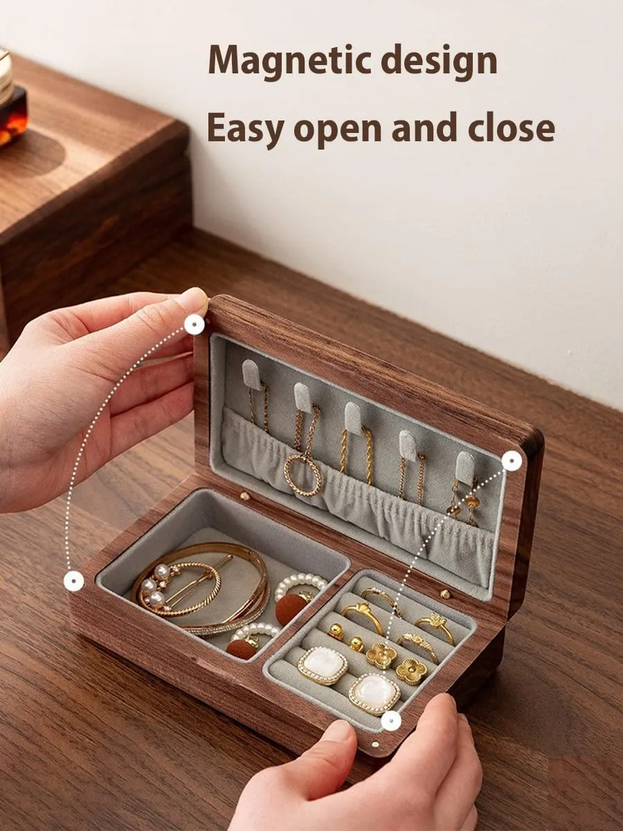 Small Wooden Jewelry Box, Vintage Delicate Walnut Wood Jewelry Case, Ideal Gift for Man Women, Protable Travel Jewelry Organizer