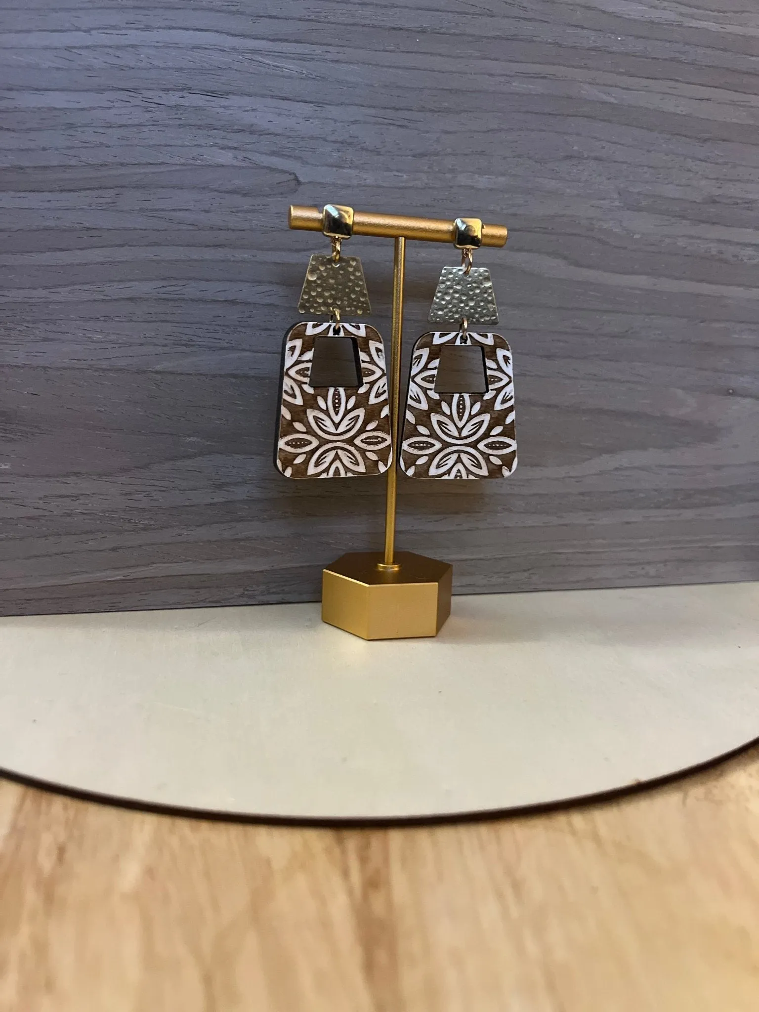 Square Diamond Damask Earrings with a gold stud