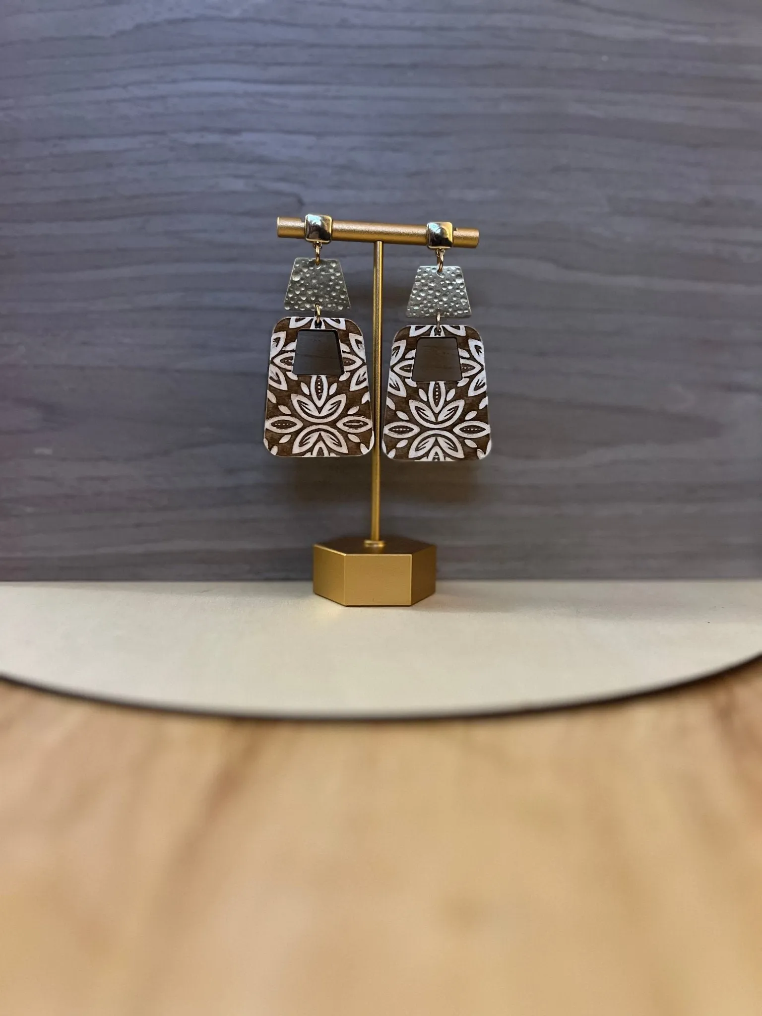 Square Diamond Damask Earrings with a gold stud
