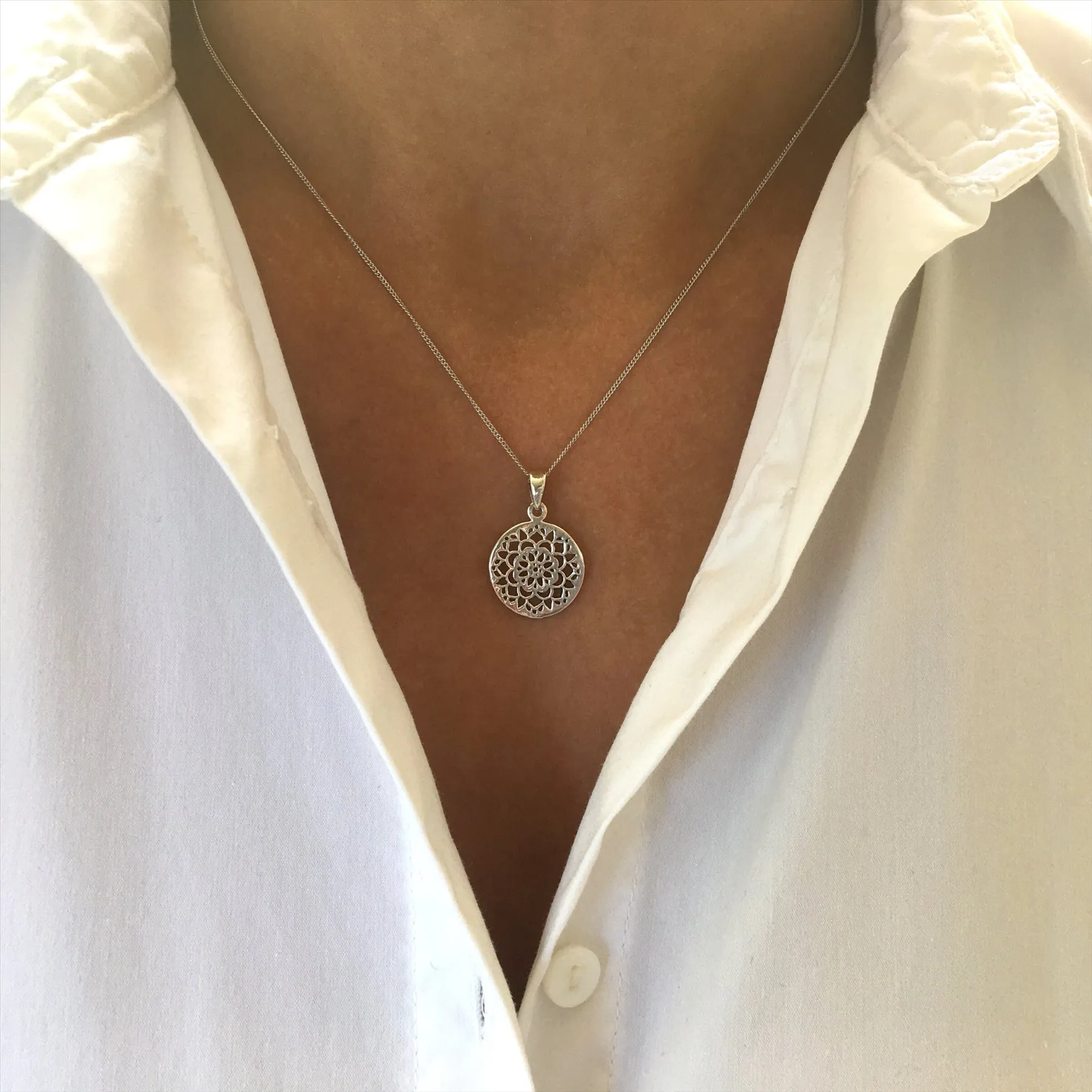 Sterling Silver Flower Mandala Pendant - Filigree Disc Necklace