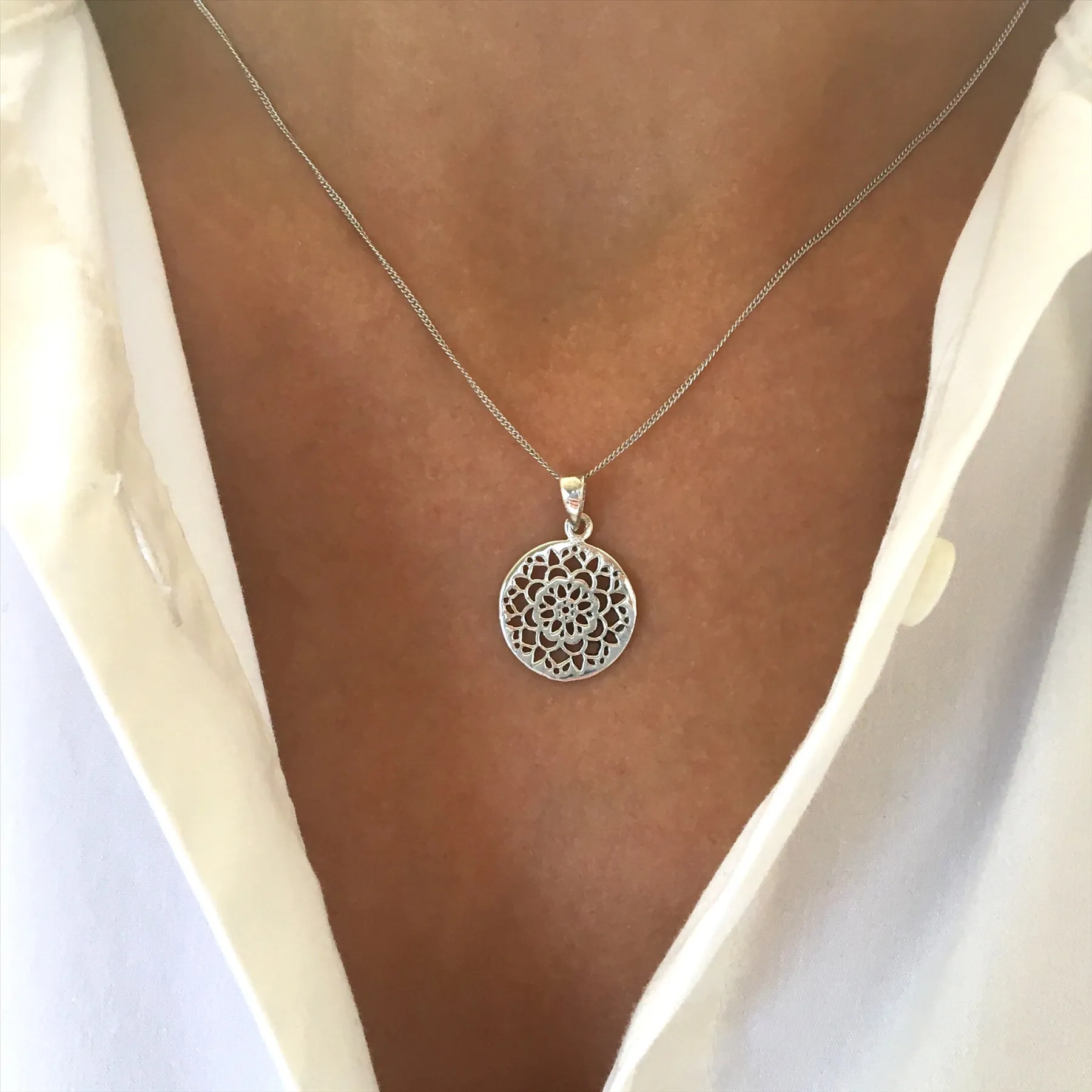 Sterling Silver Flower Mandala Pendant - Filigree Disc Necklace