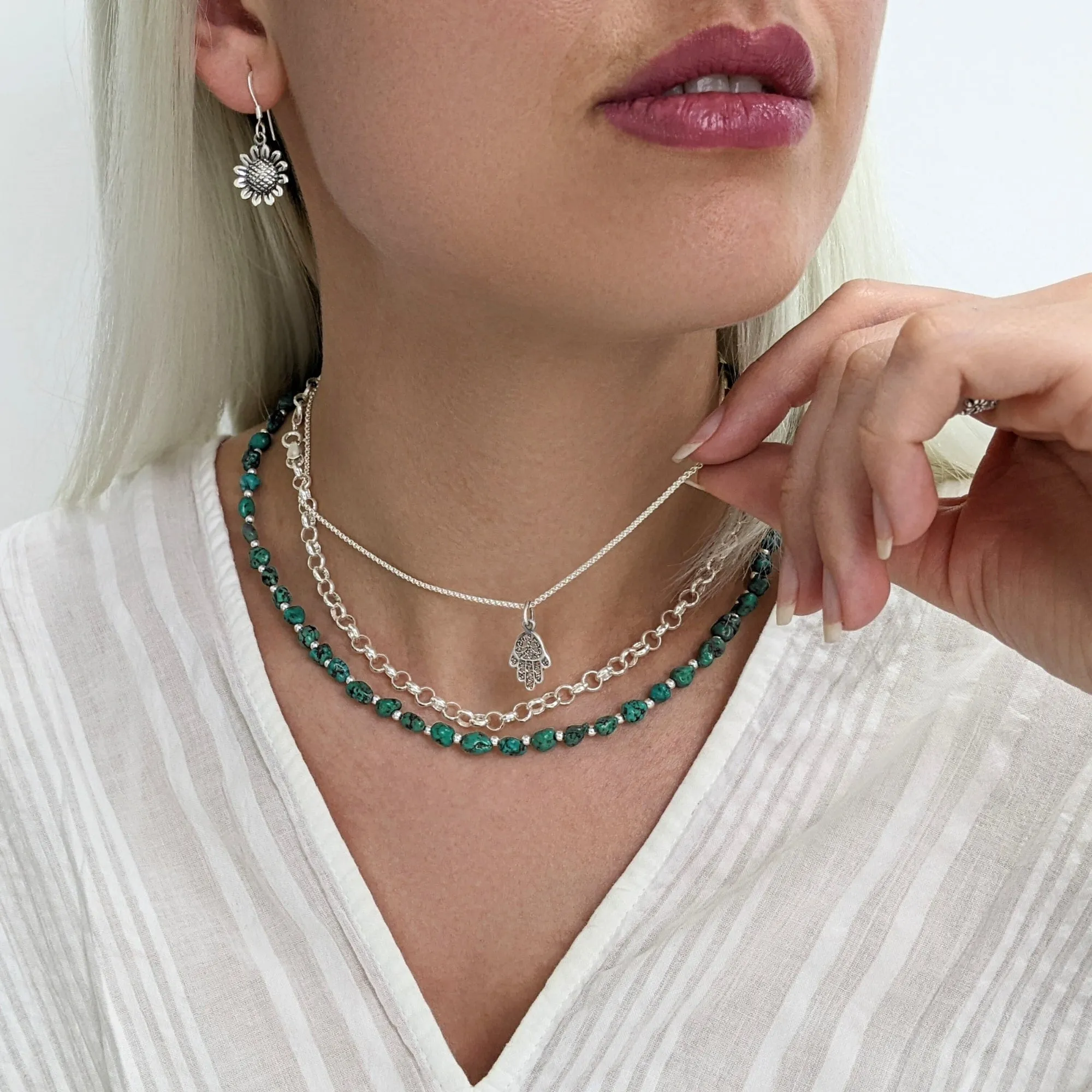 Sterling Silver Raw Turquoise Gemstone Bead Strand Beaded Necklace