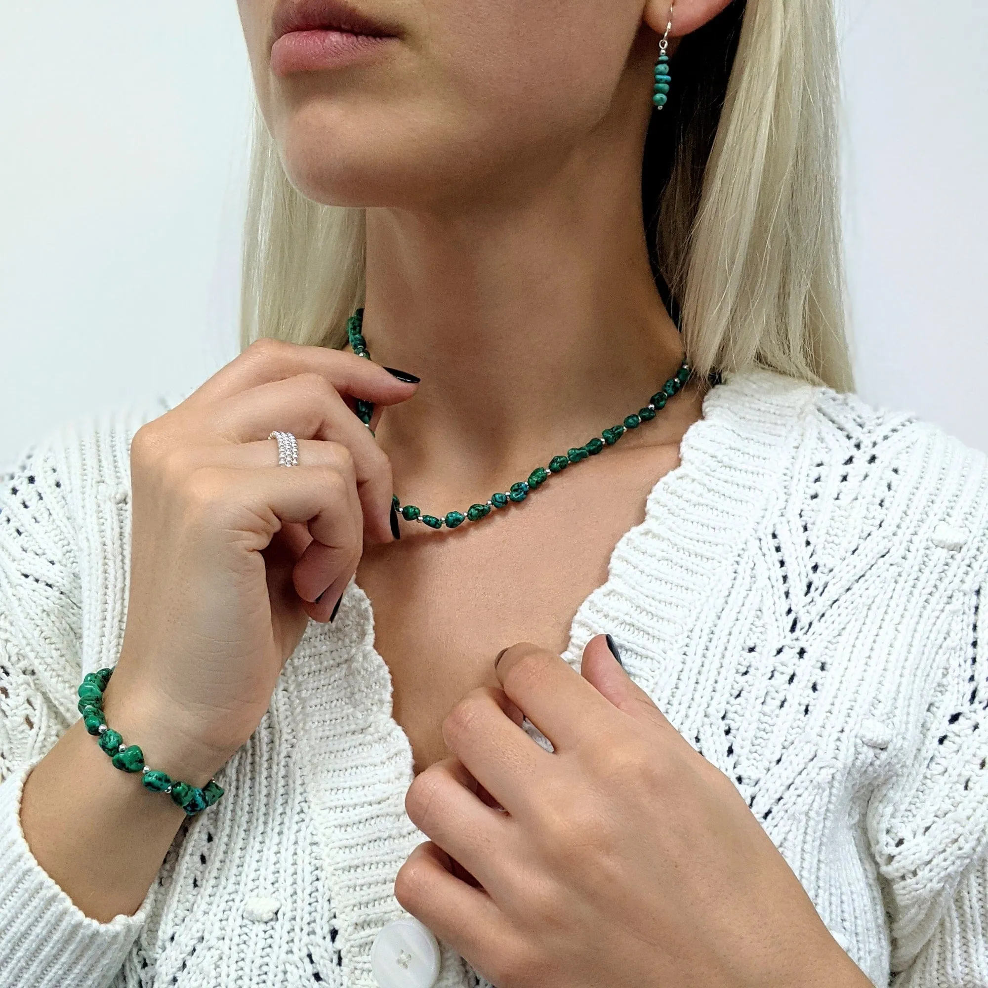 Sterling Silver Raw Turquoise Gemstone Bead Strand Beaded Necklace