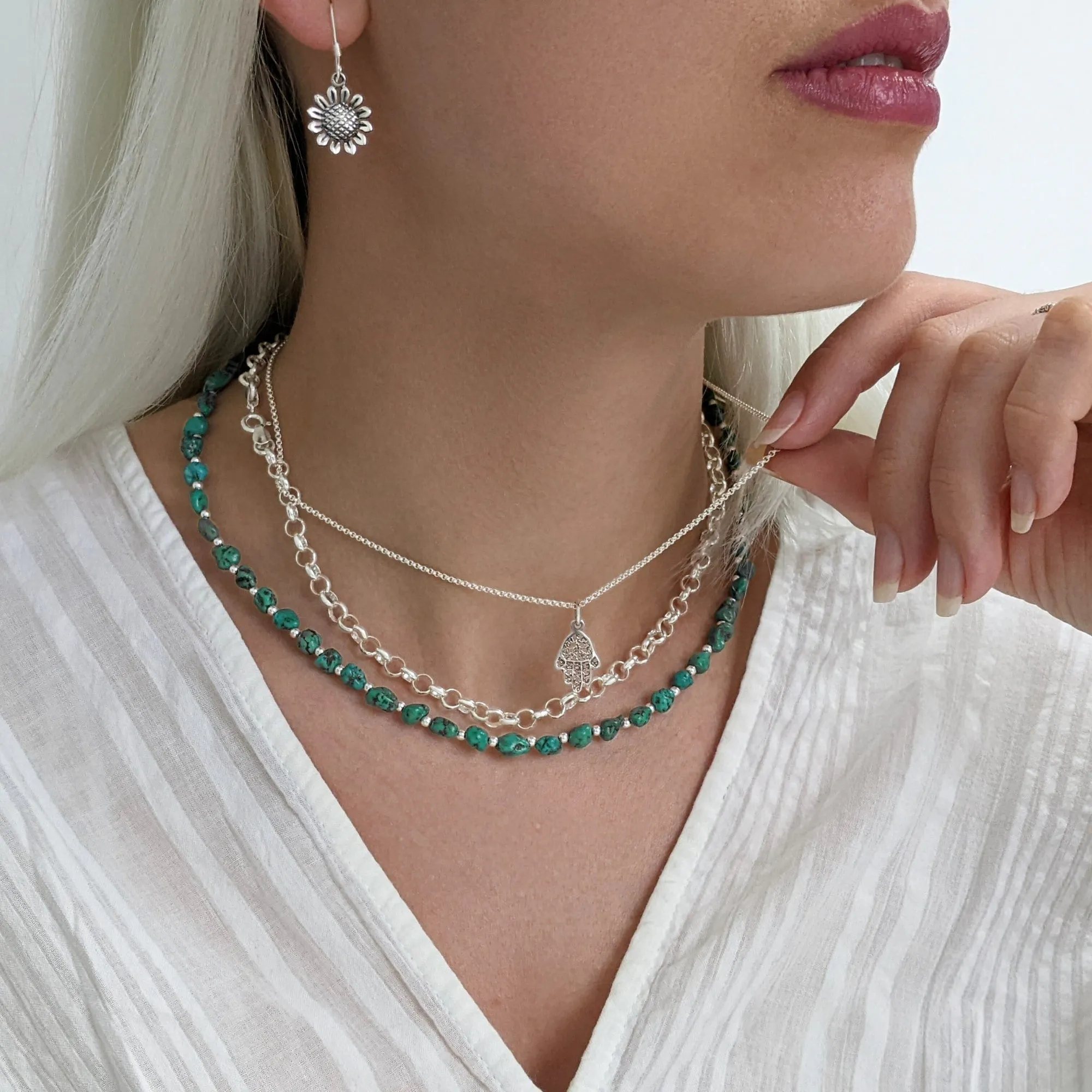 Sterling Silver Raw Turquoise Gemstone Bead Strand Beaded Necklace