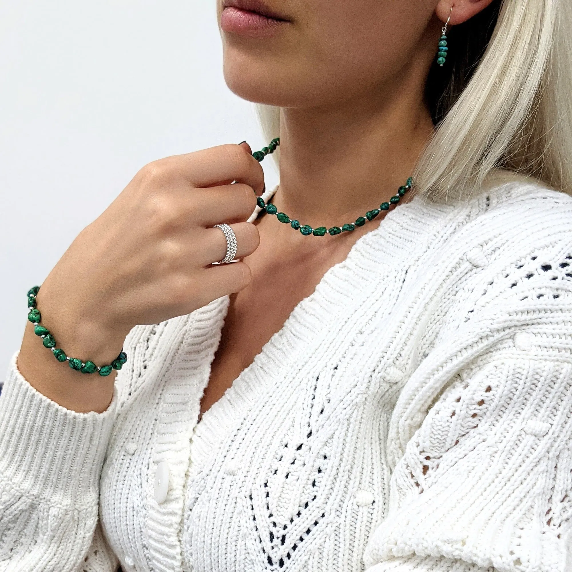 Sterling Silver Raw Turquoise Gemstone Bead Strand Beaded Necklace