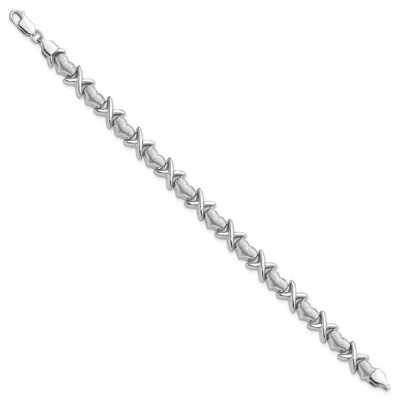 Sterling Silver Rhodium Polished and Brushed X's and Hearts Bracelet