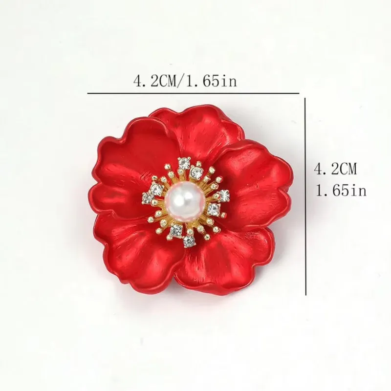Stunning Red Flower Blossom Brooch Pin Adorned with Pearl