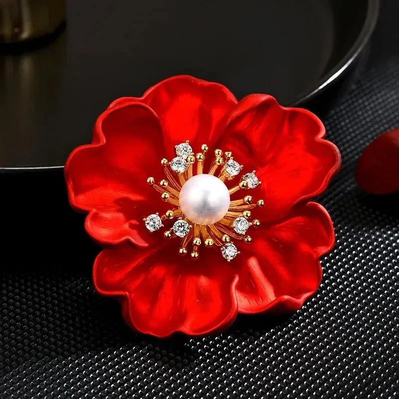 Stunning Red Flower Blossom Brooch Pin Adorned with Pearl