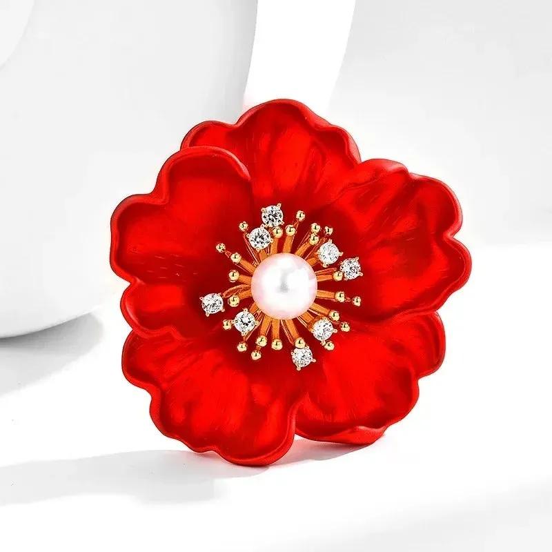 Stunning Red Flower Blossom Brooch Pin Adorned with Pearl