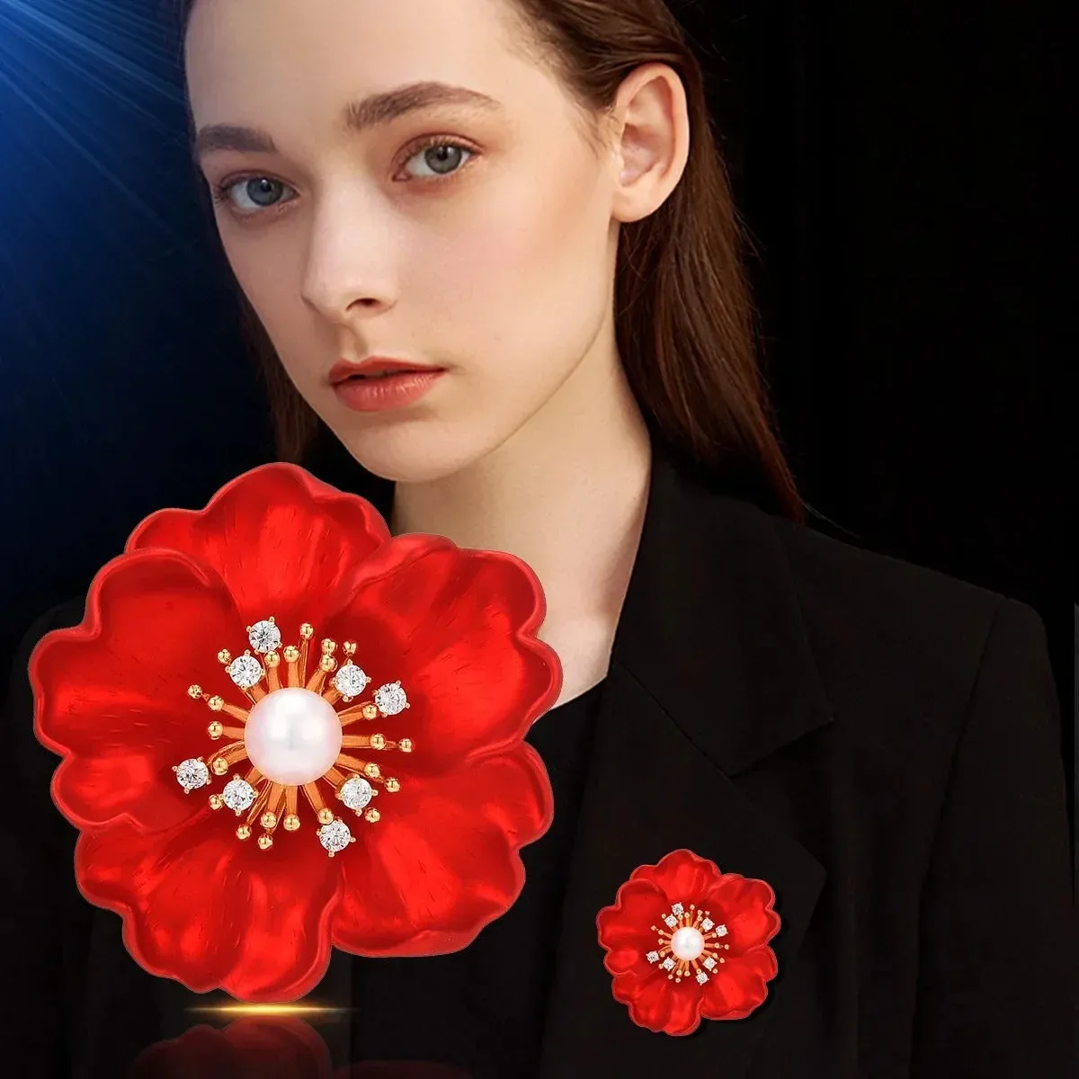 Stunning Red Flower Blossom Brooch Pin Adorned with Pearl