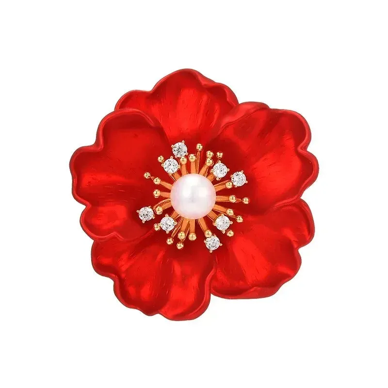Stunning Red Flower Blossom Brooch Pin Adorned with Pearl