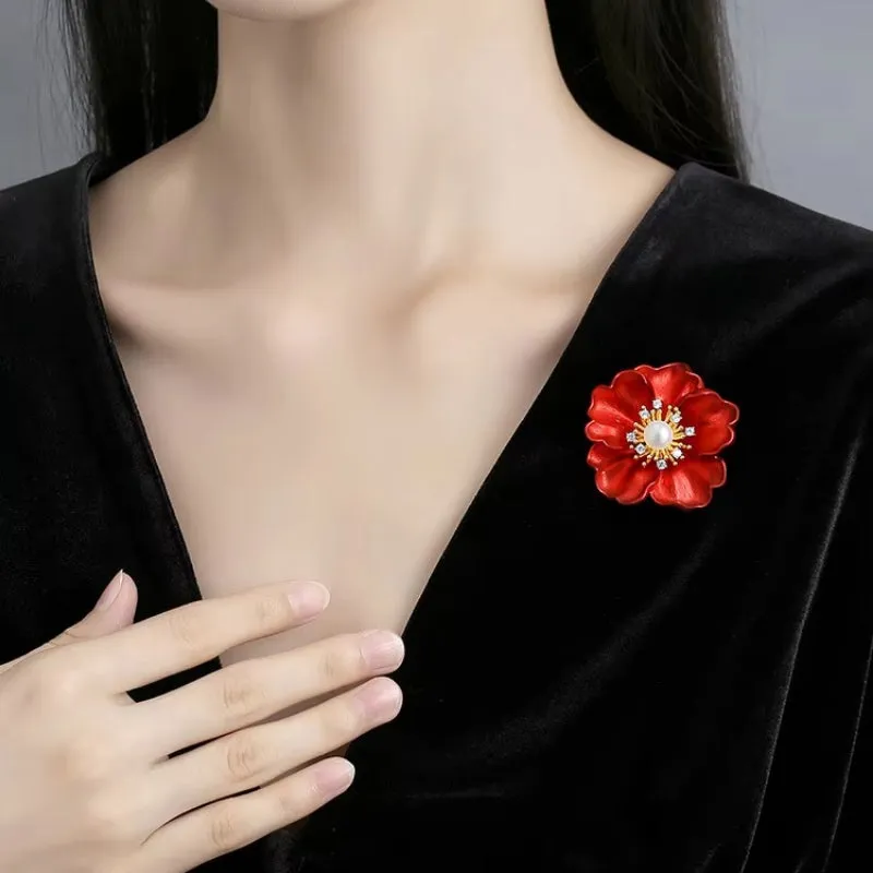 Stunning Red Flower Blossom Brooch Pin Adorned with Pearl
