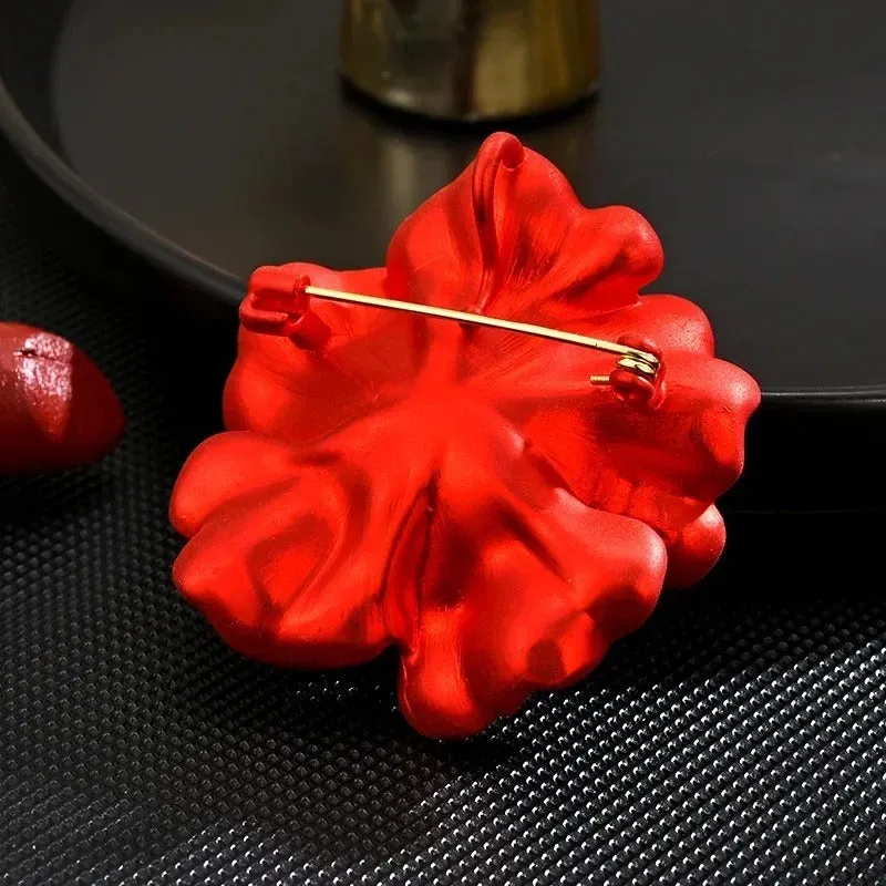 Stunning Red Flower Blossom Brooch Pin Adorned with Pearl