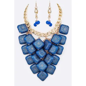 Textured Wooden Beads Statement Necklace Set