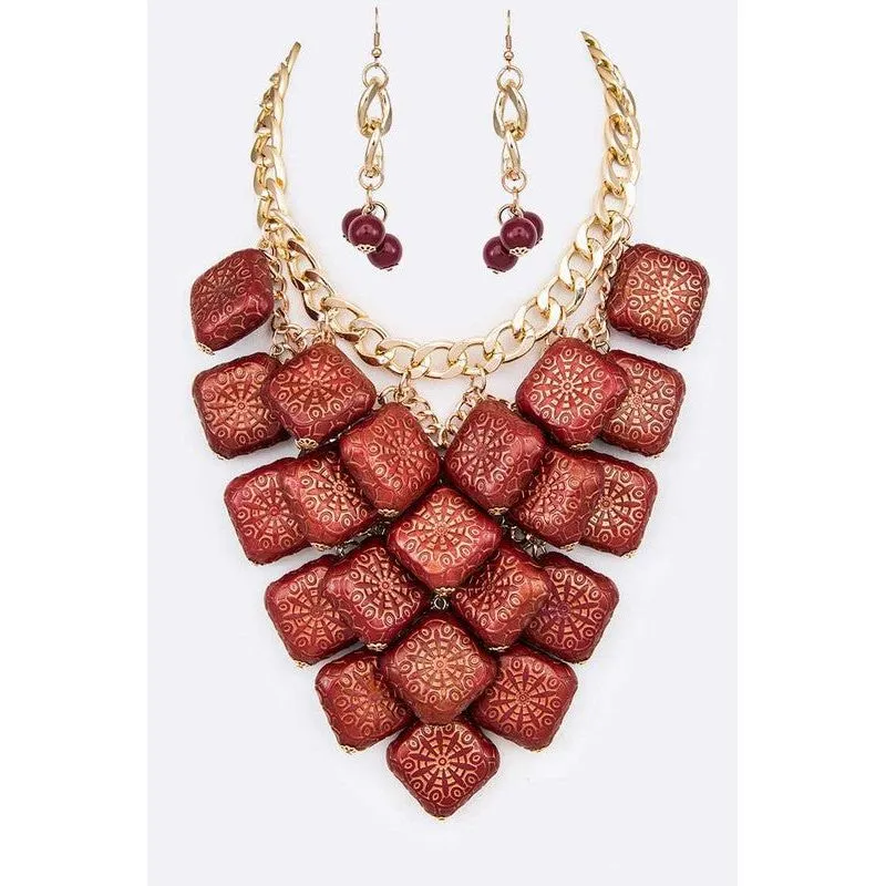 Textured Wooden Beads Statement Necklace Set