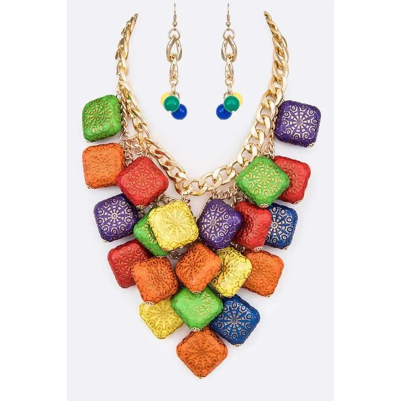 Textured Wooden Beads Statement Necklace Set