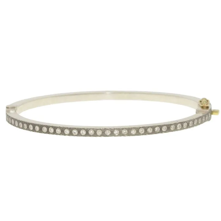 Thin Yellow Gold and Silver Bangle with White Diamonds