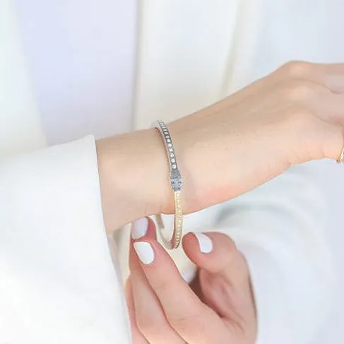 Thin Yellow Gold and Silver Bangle with White Diamonds