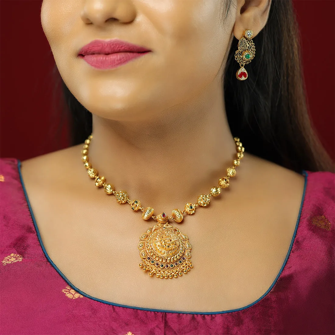 Timeless Lakshmi Elegance 925 Golden Bead Accents Necklace