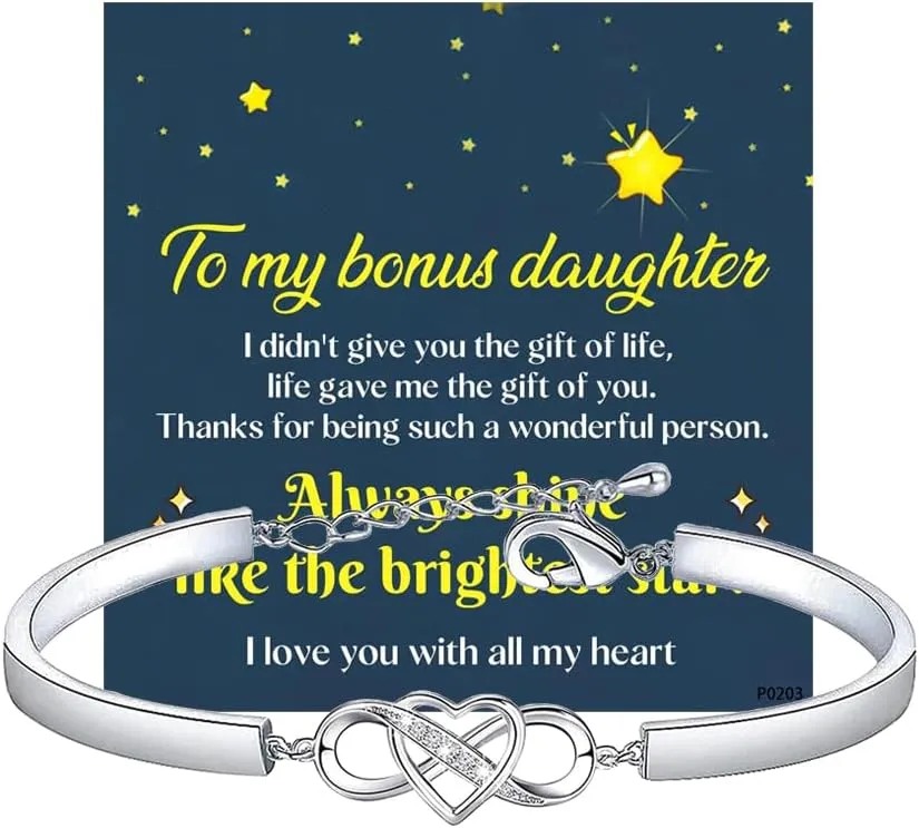To My Bonus Daughter Infinity Love Heart Adjustable Stainless Steel Bracelet With Cards - Perfect Daughter In Law Gifts, Sterling Silver Bangles For Women, Charm Bracelet From Dad Or Mom