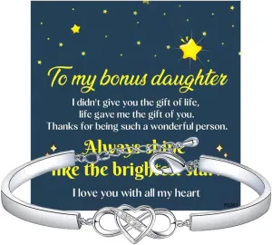 To My Bonus Daughter Infinity Love Heart Adjustable Stainless Steel Bracelet With Cards - Perfect Daughter In Law Gifts, Sterling Silver Bangles For Women, Charm Bracelet From Dad Or Mom