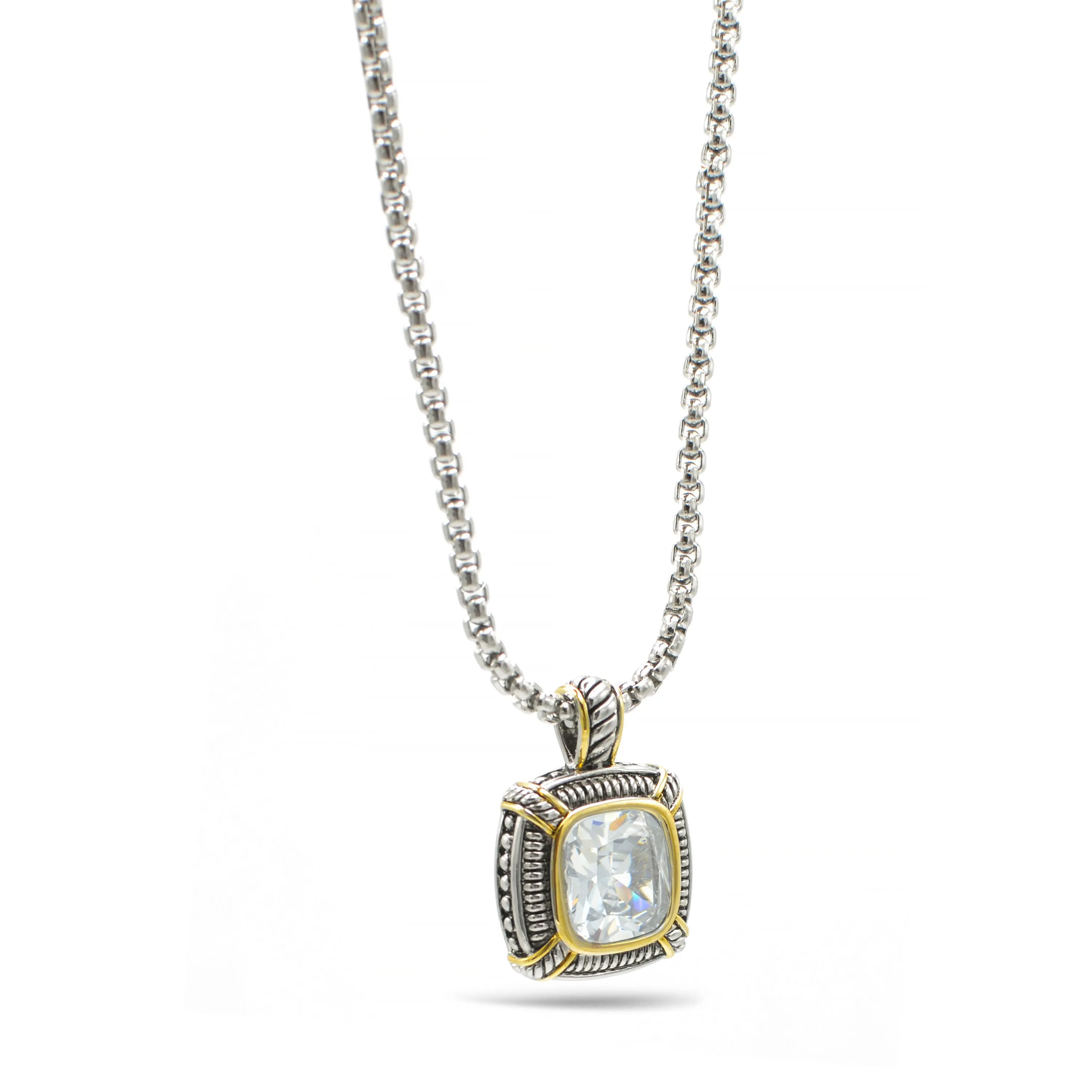 TWO TONE CLEAR CRYSTAL SQUARE PENDANT BOX CHAIN NECKLACE #93012EH-CLEAR(FA7)