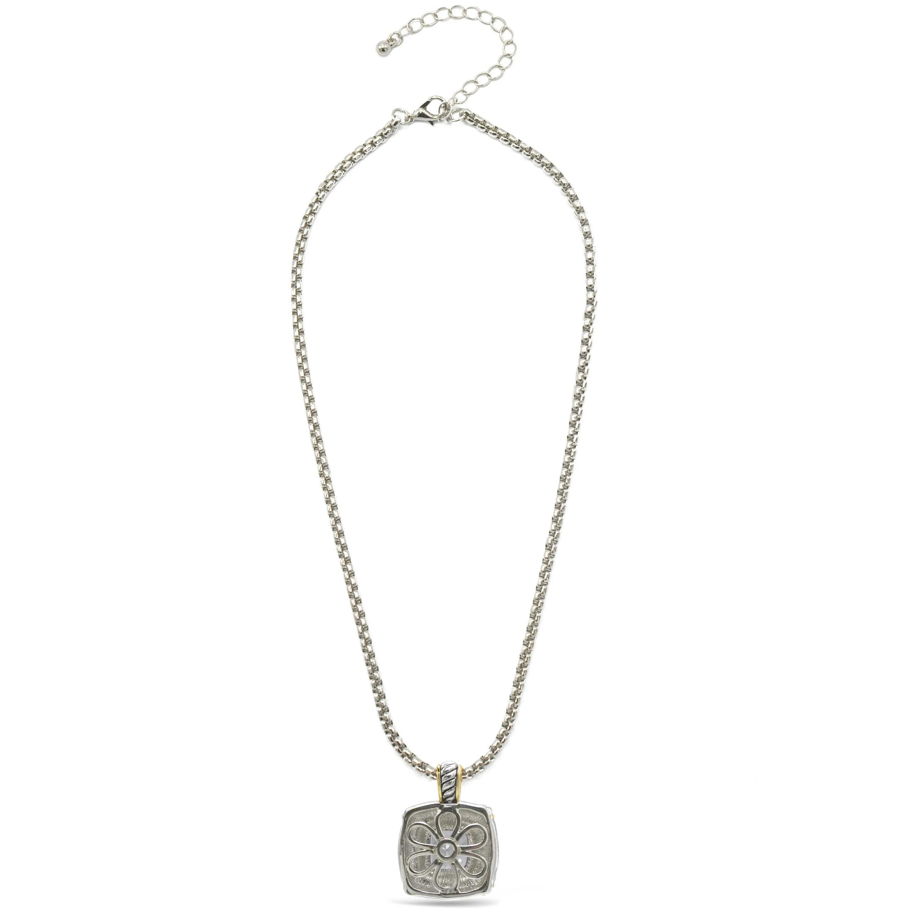 TWO TONE CLEAR CRYSTAL SQUARE PENDANT BOX CHAIN NECKLACE #93012EH-CLEAR(FA7)