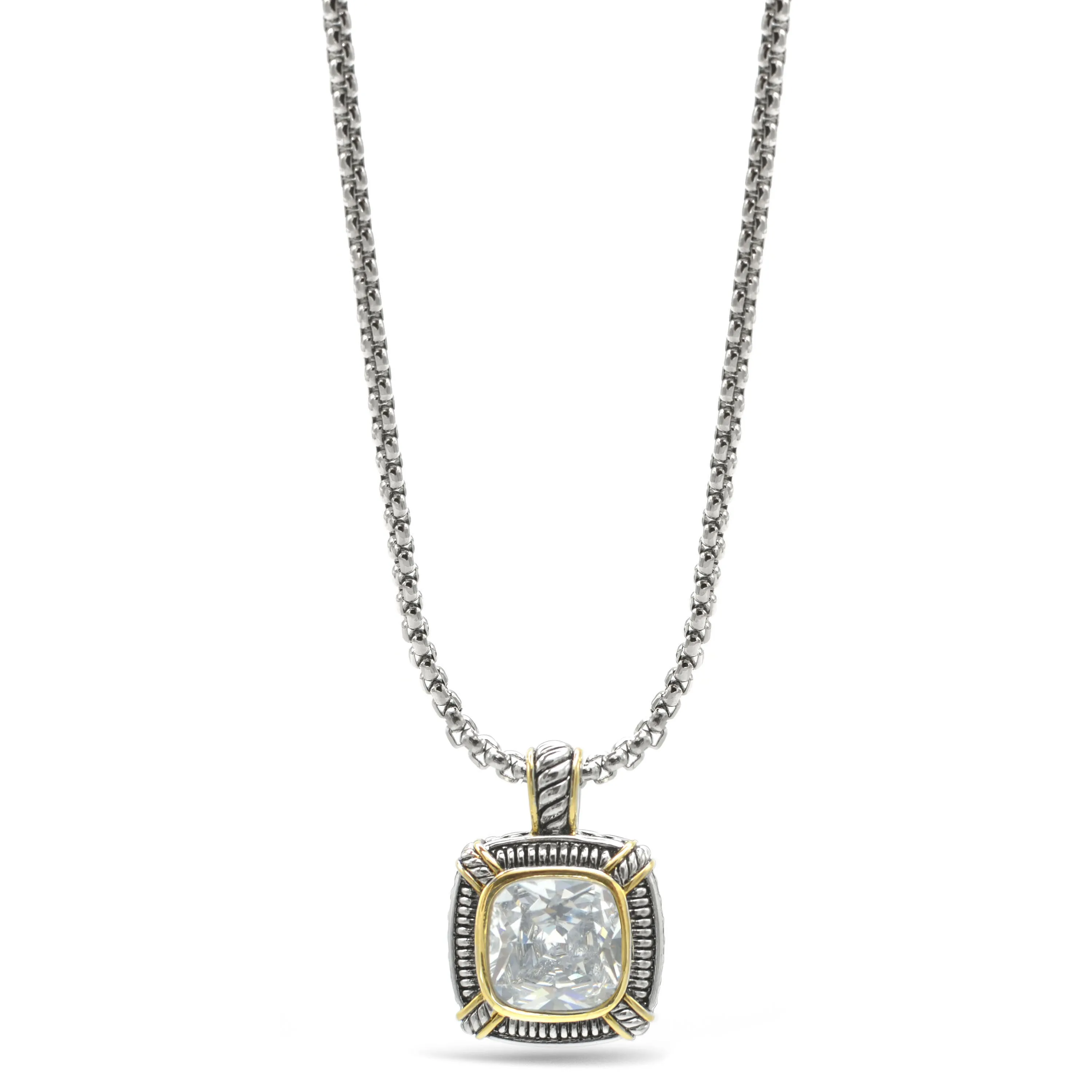 TWO TONE CLEAR CRYSTAL SQUARE PENDANT BOX CHAIN NECKLACE #93012EH-CLEAR(FA7)