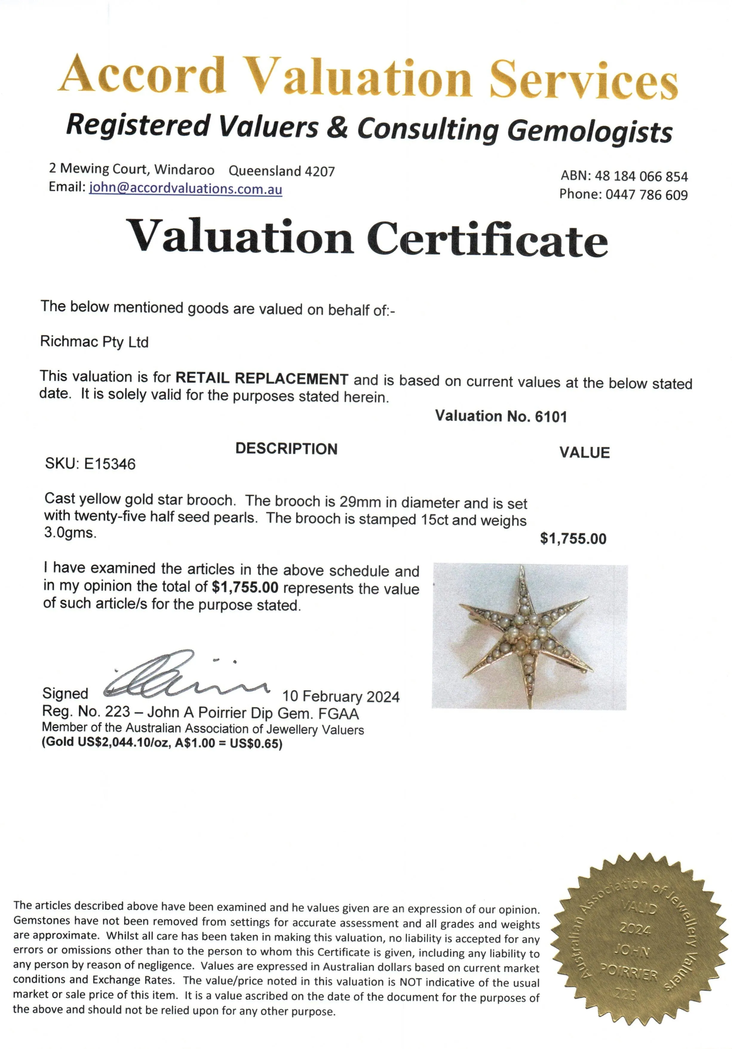 Vintage 15ct Yellow Gold Star Brooch Pearls of Dreams Included