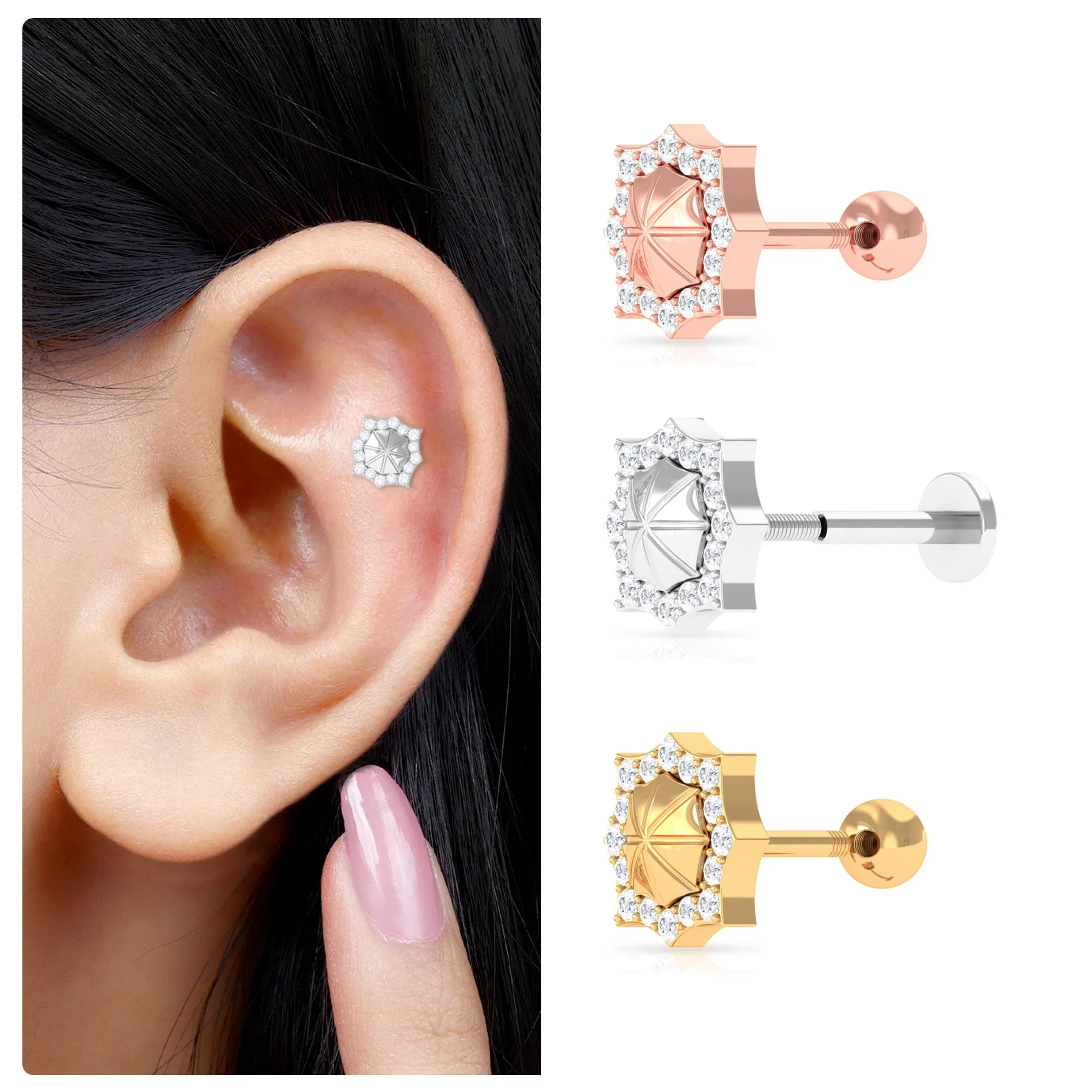 Vintage Inspired Moissanite Cartilage Earring in Gold