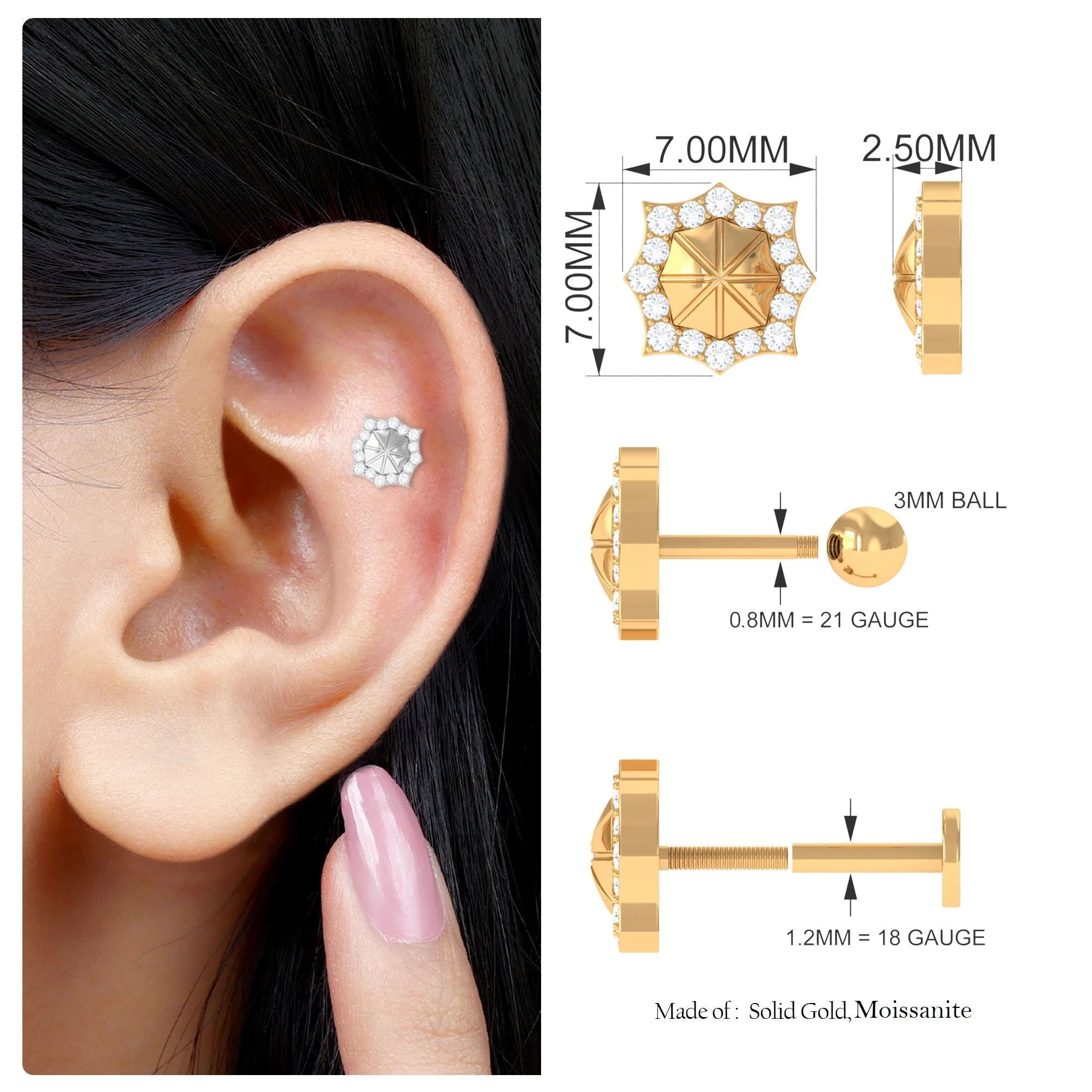Vintage Inspired Moissanite Cartilage Earring in Gold