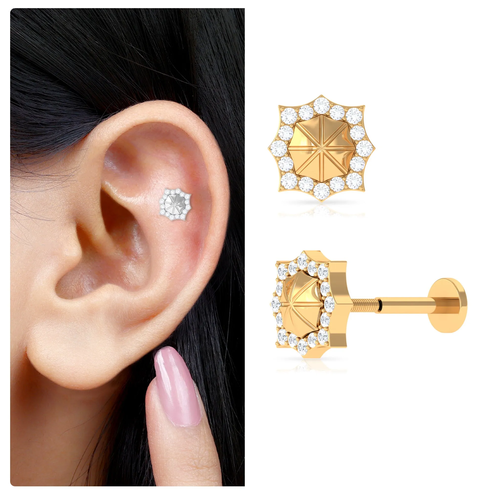 Vintage Inspired Moissanite Cartilage Earring in Gold
