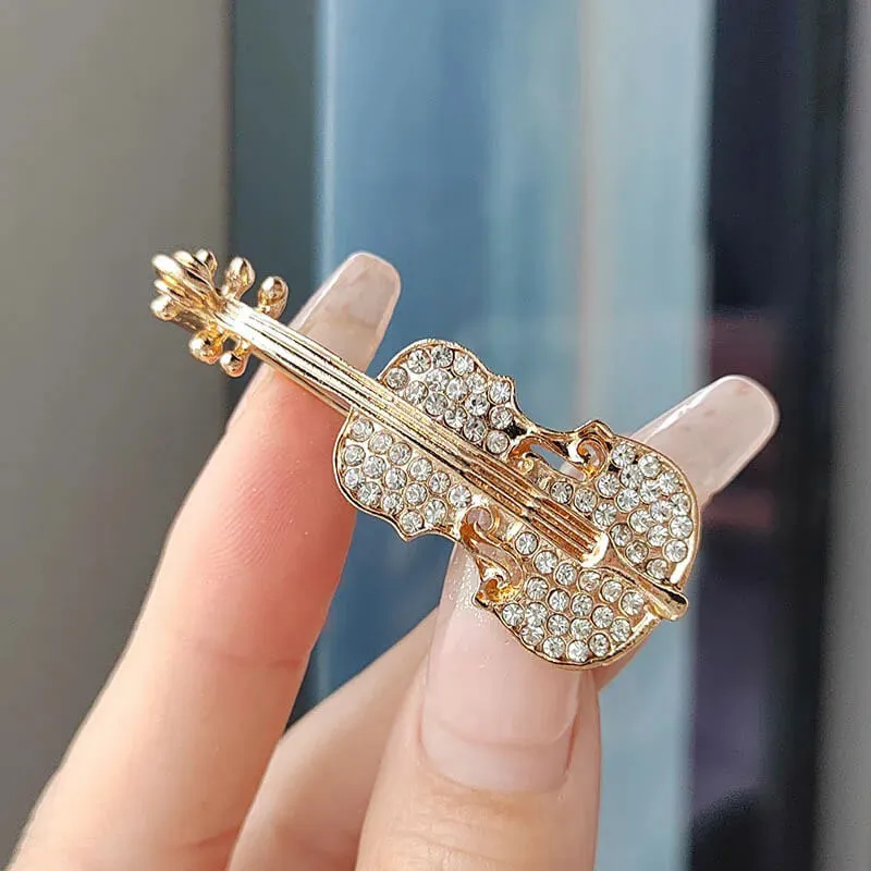 Violin Viola Cello Gold-Toned Brooch With Rhinestones