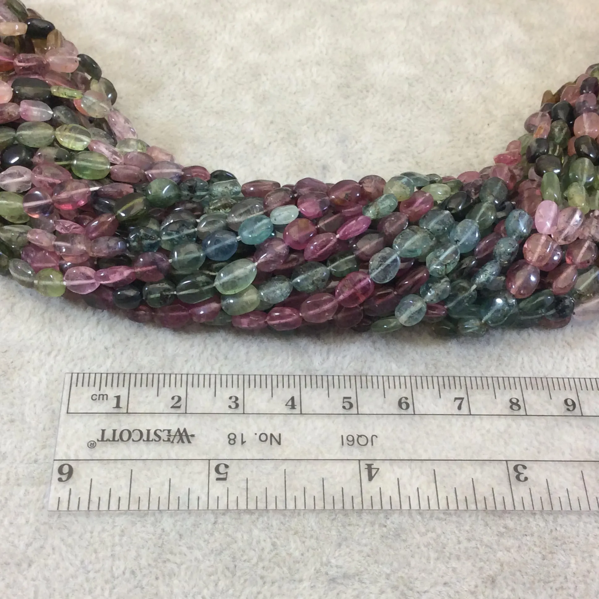 Watermelon Tourmaline Oval Beads | 6mm Glossy Natural Rainbow Gemstones with Gradient Blue Tones.