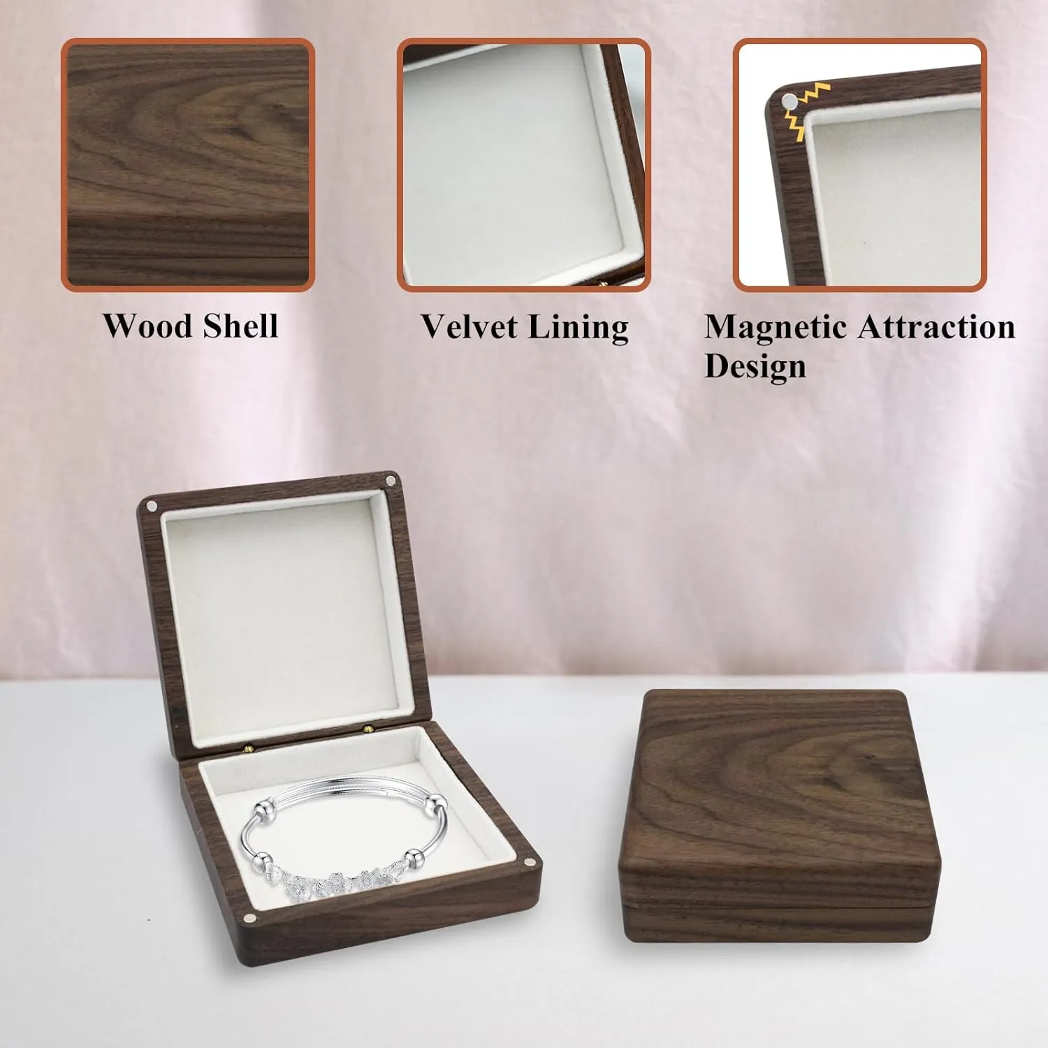 Wood Bracelet Box - Square Display Case, Vintage Jewelry Gift Holder for Bangles (White)